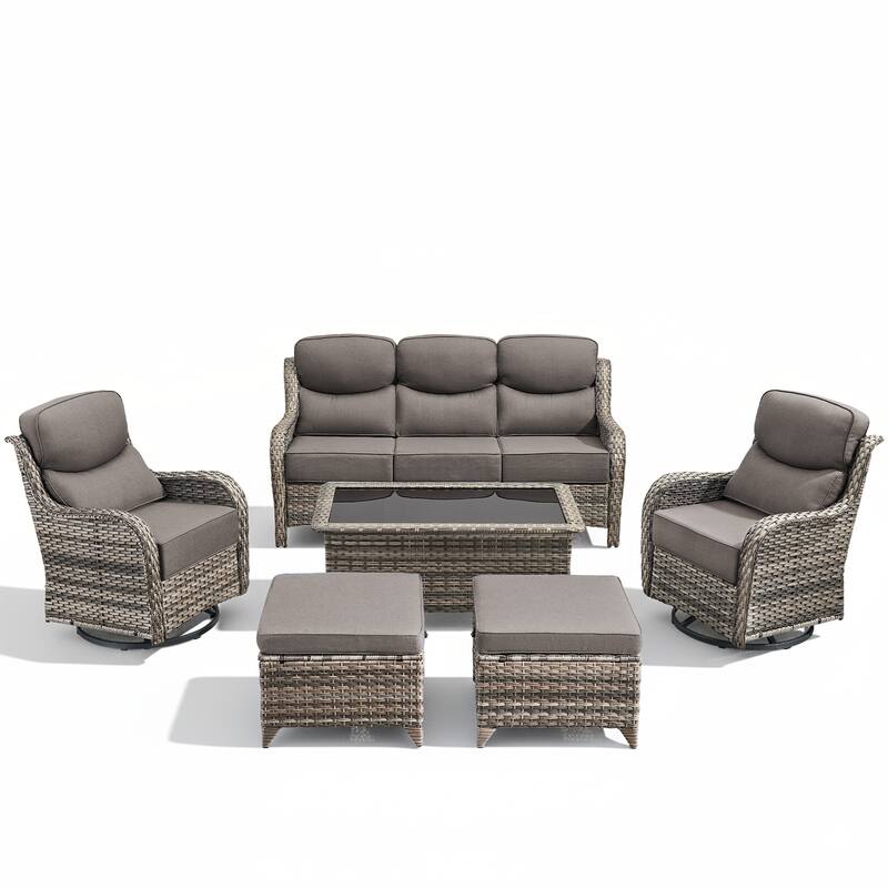 Arcadia 6-Piece Wicker Patio Conversation Set with Swivel Gliders and 6-Inch Thick Olefin Cushions