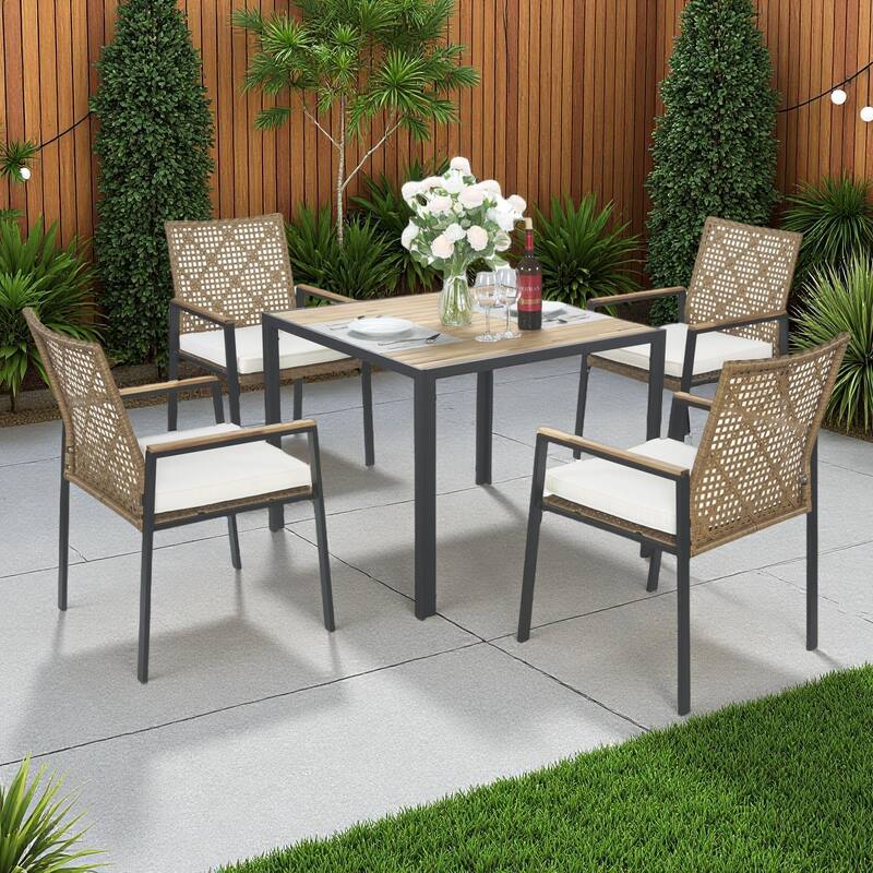 5-Piece Outdoor Patio Rattan Dining Set with Stackable Chairs, 35" Acacia Wood Table Top with Umbrella Hole - Beige+Natural