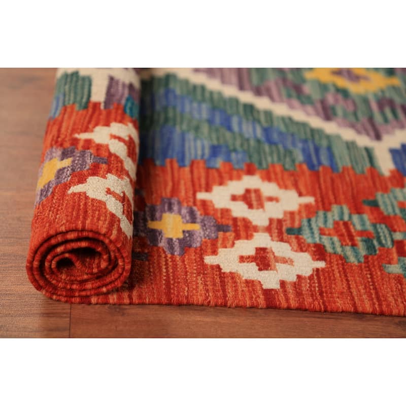 Geometric Kilim Reversible Area Rug Flatweave Orange Wool Carpet - 8'0"x 11'2"
