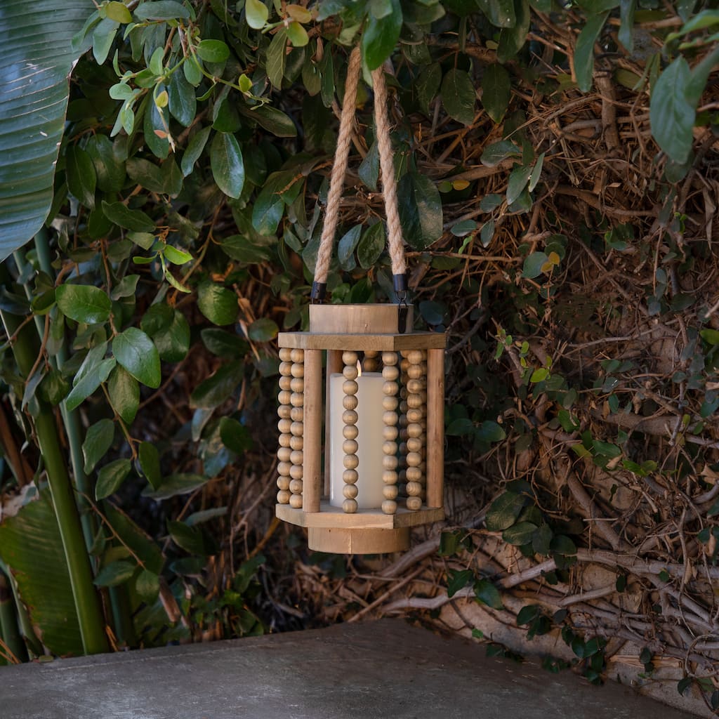 Sagebrook Home Wooden Lantern with Rope Detail - Cozy Home Lighting Decor - 6.75" x 7.75" x 11"