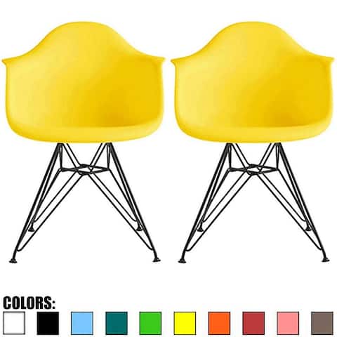Set of 2 Color Modern Arm Chairs For Dining Room Kitchen Solid Molded Plastic Seat Dark Black Wire Eiffel Legs DSW