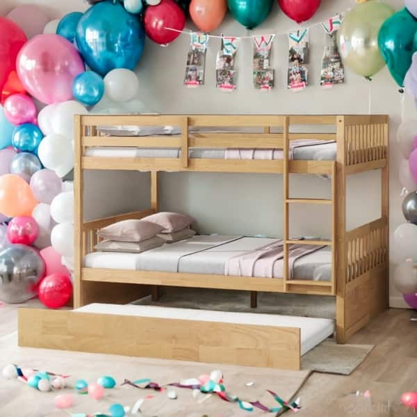 slide 2 of 36, Rustic Style Full over Full Wood Bunk Bed with Guardrails and Ladder and Twin Size Trundle Oak