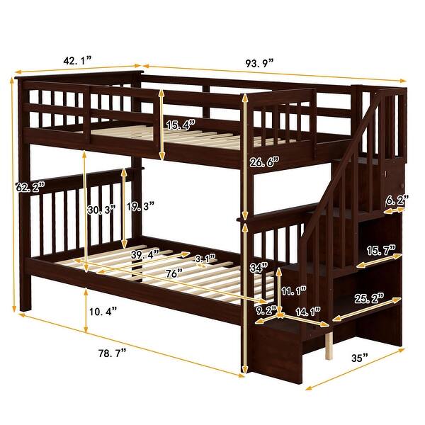 dimension image slide 1 of 3, Stairway Twin-Over-Twin Bunk Bed with Storage Shelves and Guard Rail, Convertible Design