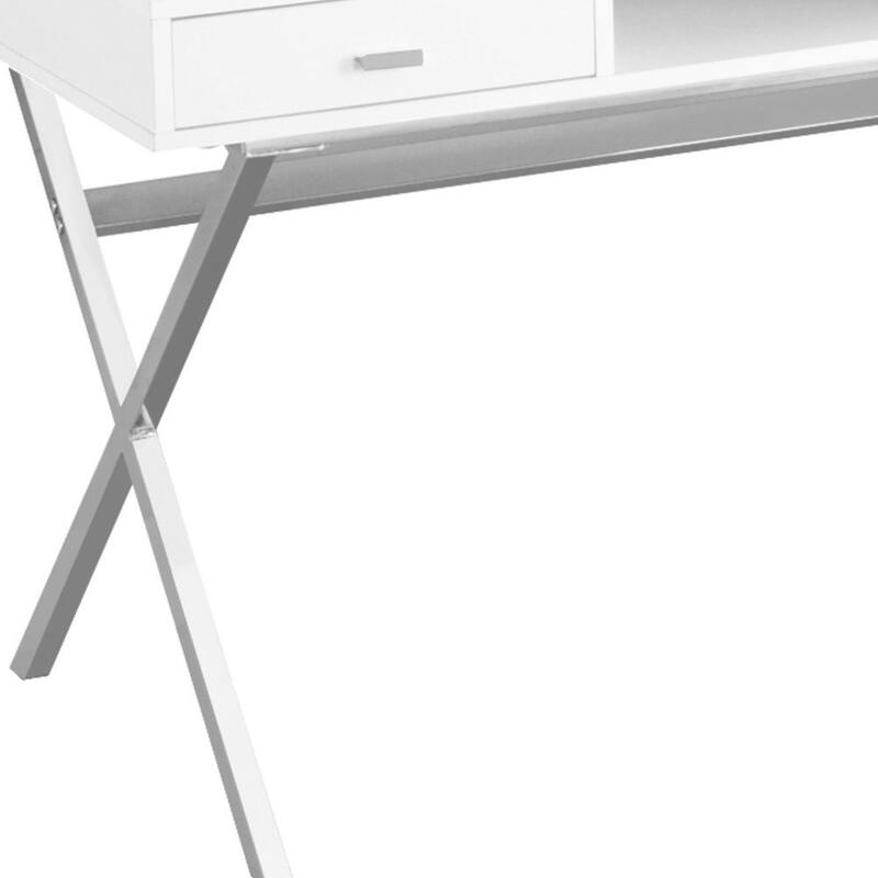 White Wood Computer Desk with Silver Metal Base, 2 Drawers and Glossy Finish