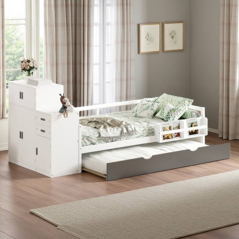 Twin Solid Wood Platform Bed, Daybed with Built-in Bookshelf, Movable Wardrobe, and Pull-Out Trundle - White