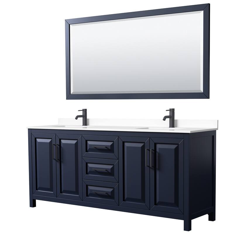 Daria 80 Inch Double Vanity, Cultured Marble Top, 70 Inch Mirror - Dark Blue, Black Trim, White Cultured Marble Top