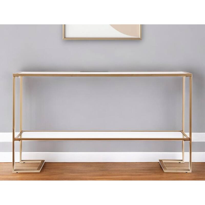 Clear Glass Gold Metal Console Table and Rectangular Sled Base with Shelves - 52” L x 12” W x 29” H