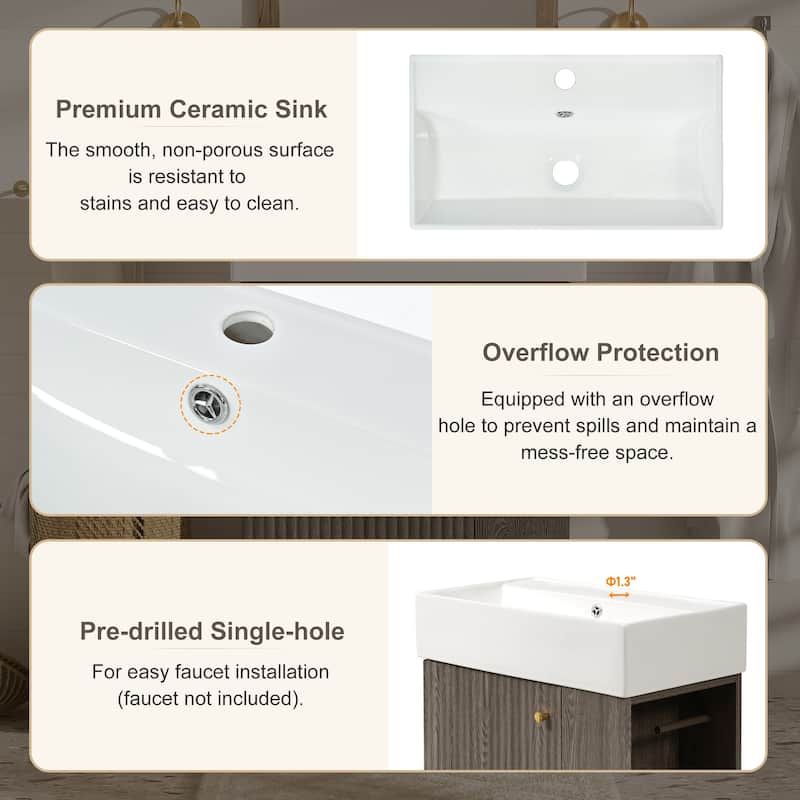 21.6" Bathroom Vanity with Ceramic Sink, Freestanding Left Door Wood Grain Cabinet with Open Storage