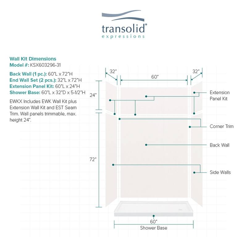 Transolid Expressions 60-in X 32-in X 96-in Glue to Wall Shower Kit - 32" x 60" x 96" - 32" x 60" x 96"
