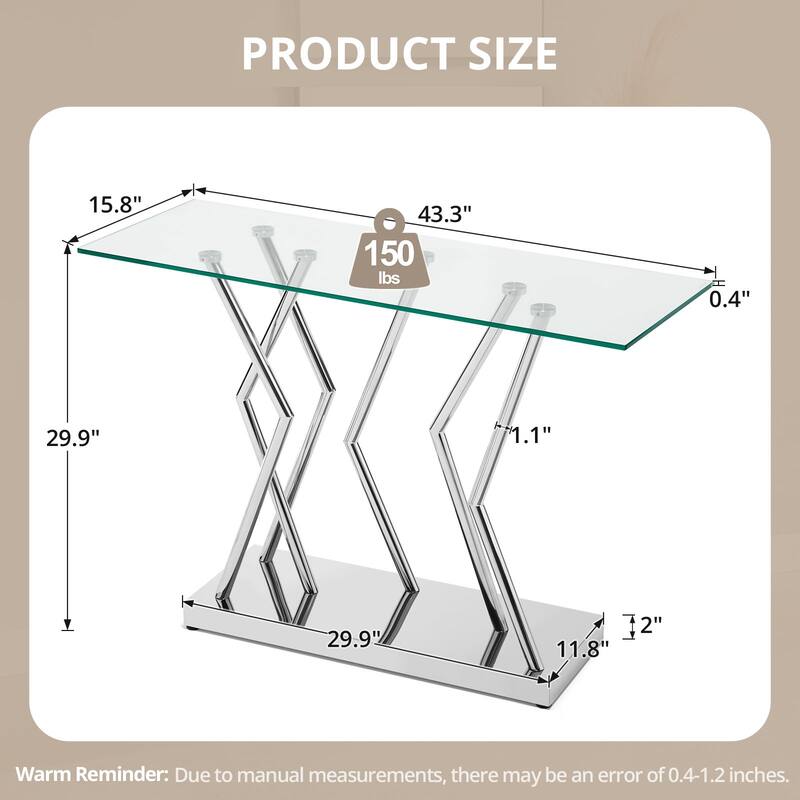 Tempered Glass Top Console Table, Entryway Sofa Table with Metal Base - 43.3"L x 15.8"W x 29.9"H