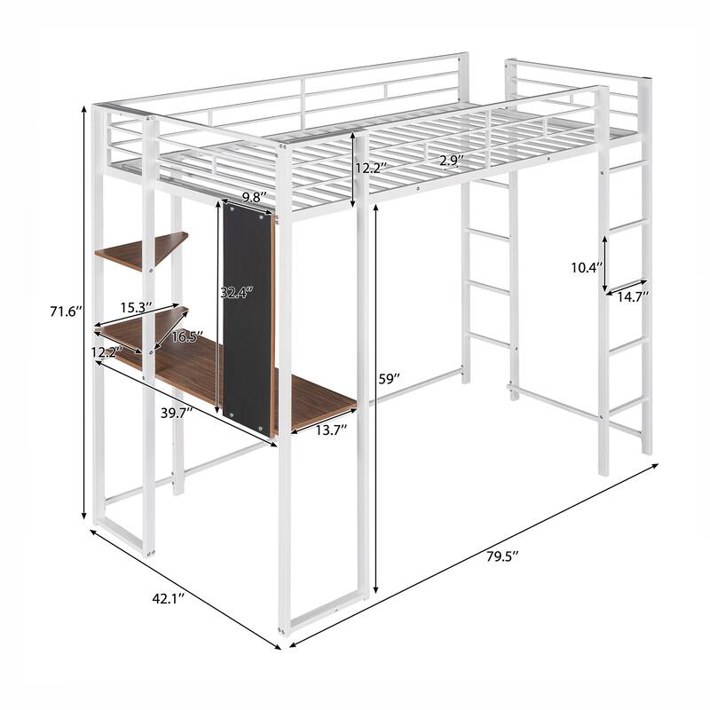 Loft Bed with 2 Shelves and Desk, Twin Size Metal Bed with Workspace
