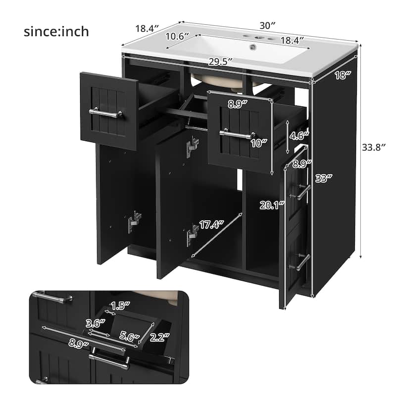30-Inch Bathroom Vanity with Undermount Sink, Solid Wood Frame Cabinet with Tip-Out Drawer and Soft-Close Doors