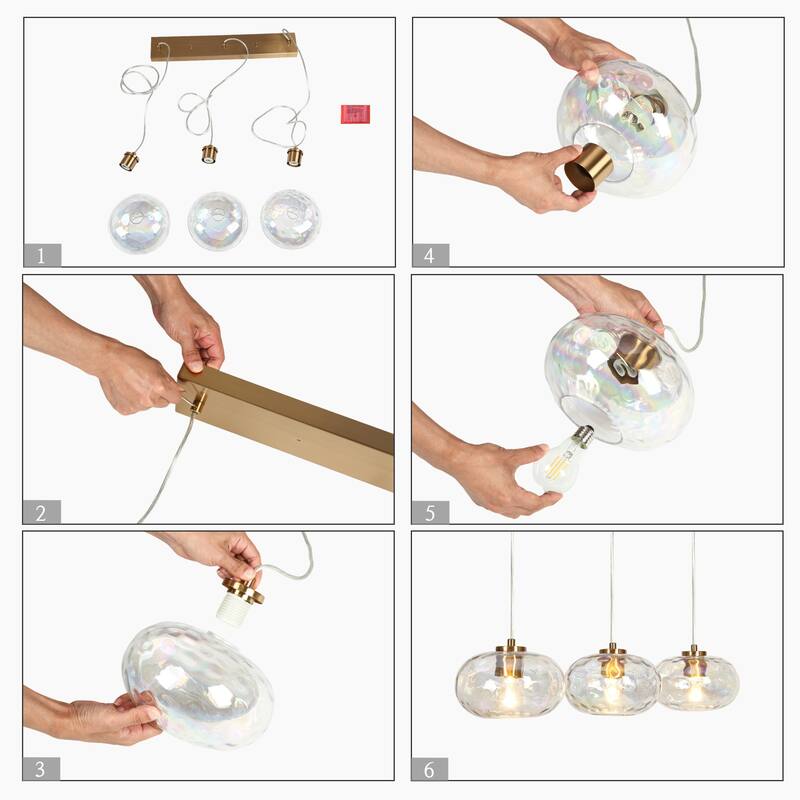 Modern 3-Light Gold Linear Chandelier Colored Ripple Glass Island Pendant Lights - W31.5" x H66" Max
