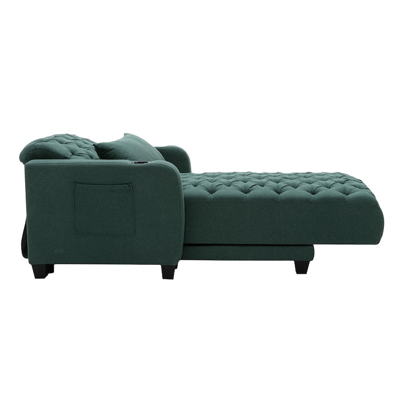 Linen Upholstered Multifunctional Tufted Wireless Charging Leisure Sleeper Armchair with 2 Cup Holders
