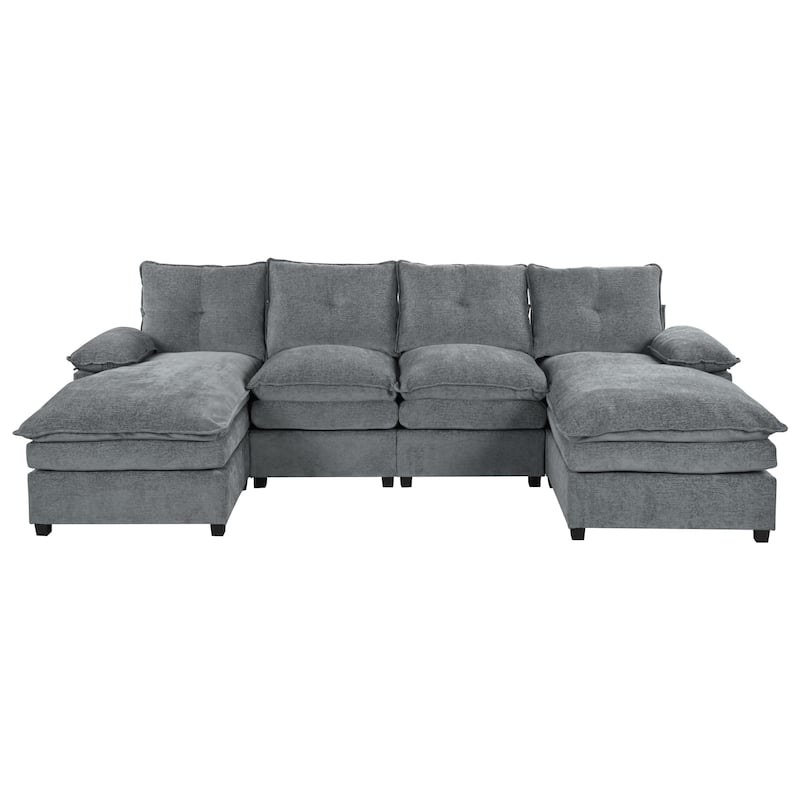 115" U-Shaped Chenille 6-Seater Sectional Sofa with Adjustable Armrest Pillows