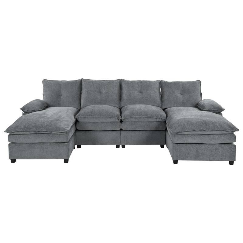 U-Shaped Sectional Sofa, Chenille Fabric Cloud Sofa, 6 Seater Sofa with Adjustable Armrest Pillow for Living Rooms, Office