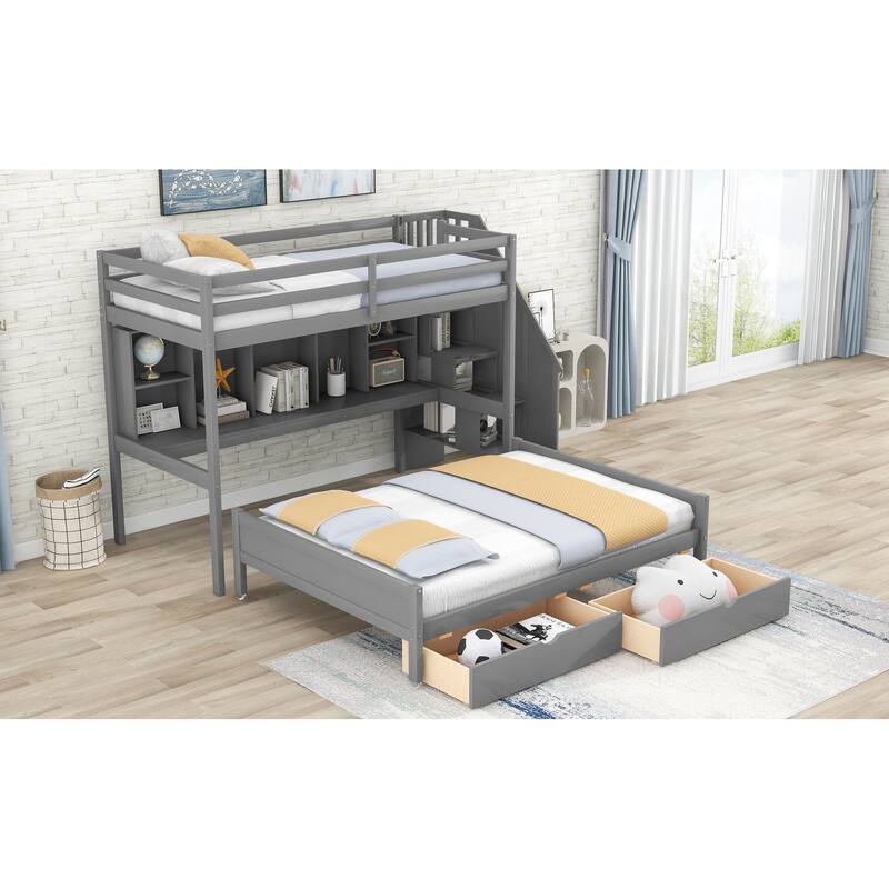 Twin XL over Full Bunk Bed with Builtin Storage Shelves, Drawers and