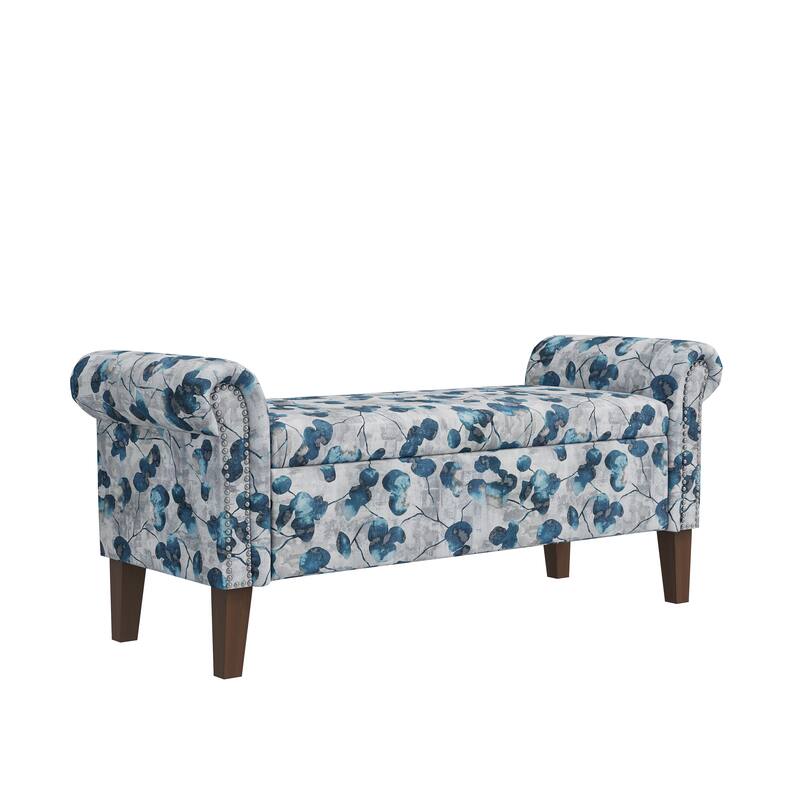 Wallen Traditional Rolled Arm Storage Bench Ottoman with Nailheads - Blue & Grey