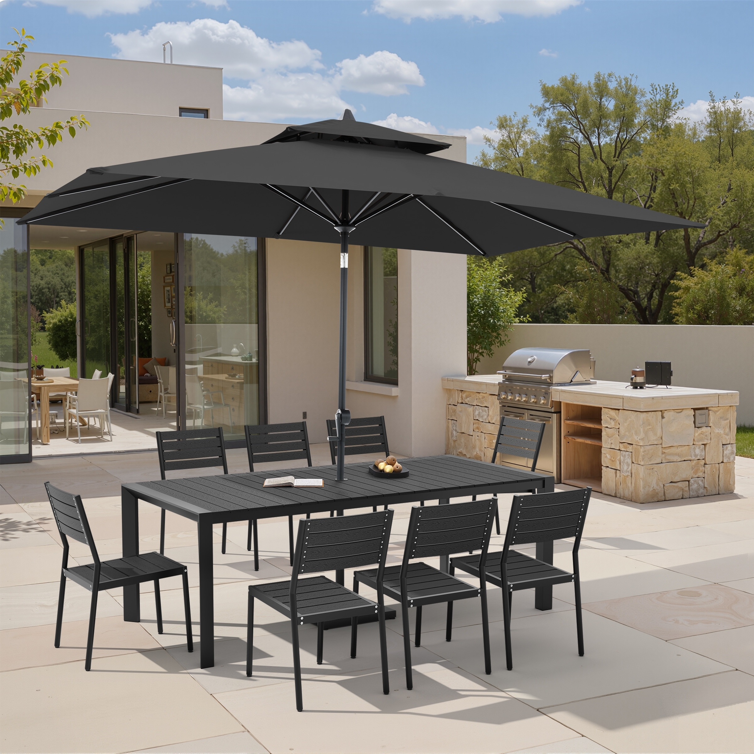 11-Piece Outdoor Patio Dining Set Wood Like Aluminum Umbrella Hole Table with Stackable Chairs, Market Umbrella and Base