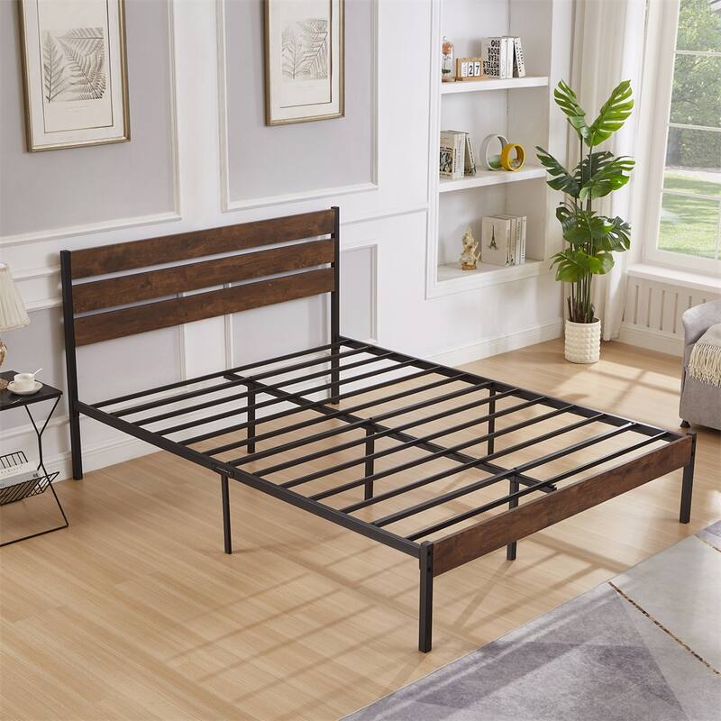Wood Platform Bed Frame with Headboard and Metal Frame
