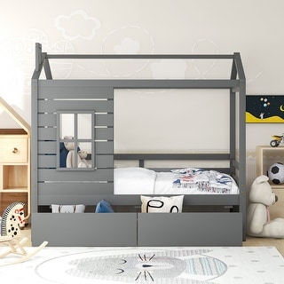 Gray Twin Size House Bed Wood Low Loft Bed Frame with 2 Drawers Storage ...