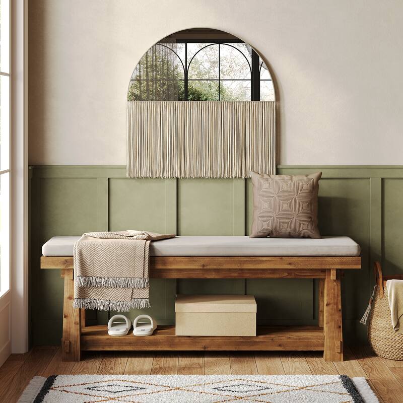 55" Solid Wood Entryway Bench with Shoe Storage, Charred Wood Grain