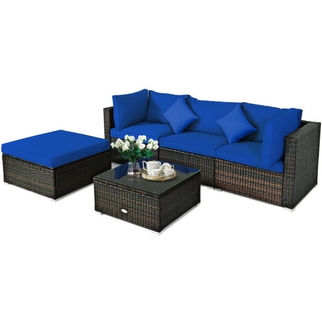 5 Pcs Outdoor Patio Rattan Furniture Set Sectional Conversation with Cushions - 29.5'' x 29.5'' x 25.5'' (L x W xH) - Navy