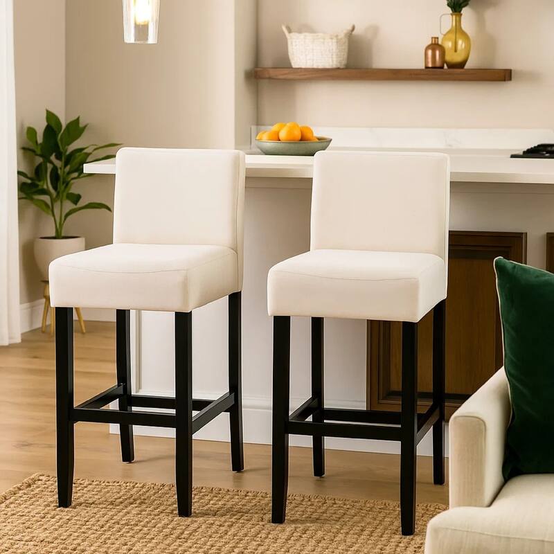 Kovey Counter Stool Chair Set of 2, Metal Kickplate, Beige Polyester