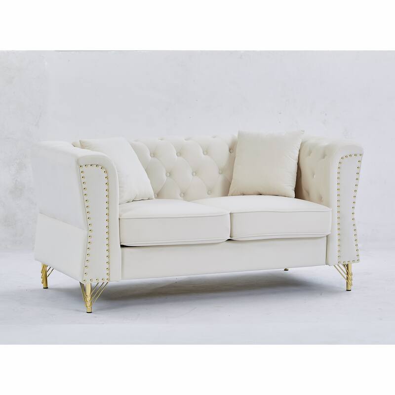 60.2" Chesterfield Velvet Sofa, 2-Seater Tufted Couch with Nailhead Trim and Metal Legs, Ideal for Living Room