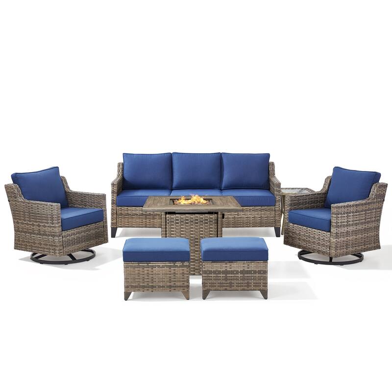 Pocassy Outdoor Swivel Chair with Sofa with Fire Pit Table