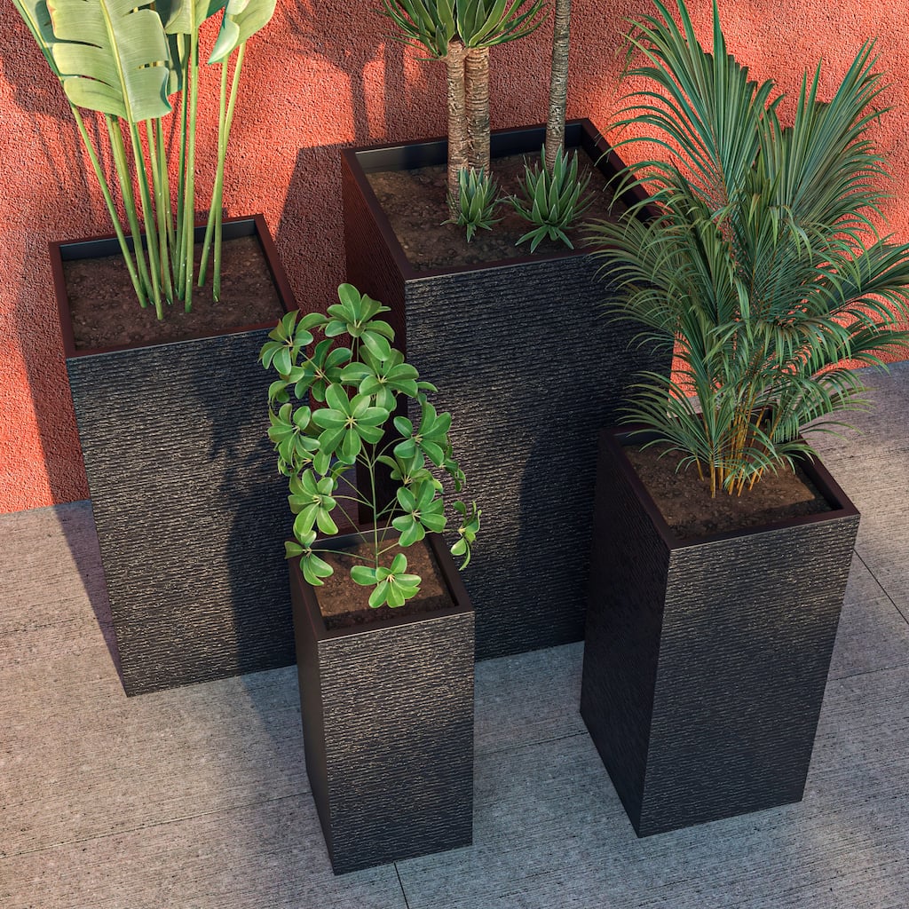 Basalt 4-Piece Tall Square Planter Set, Durable Fiberstone & Clay, Weather-Resistant Indoor/Outdoor Pots with Drainage