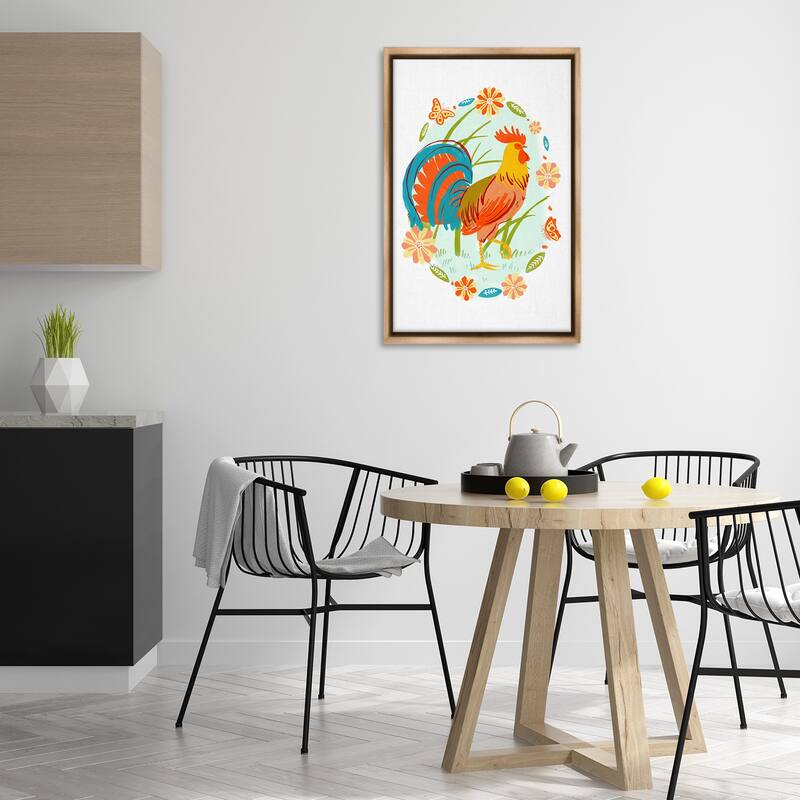 Stupell Rooster with Butterflies Border Framed Floater Canvas Wall Art Design By Hannah Moren