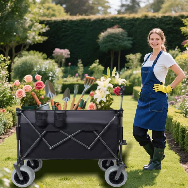 9"x4" All-Terrain Balloon Wheels,300L XL Heavy-Duty Folding Wagon Cart-480lbs Capacity,w/Brakes,Pockets,Cup Holders