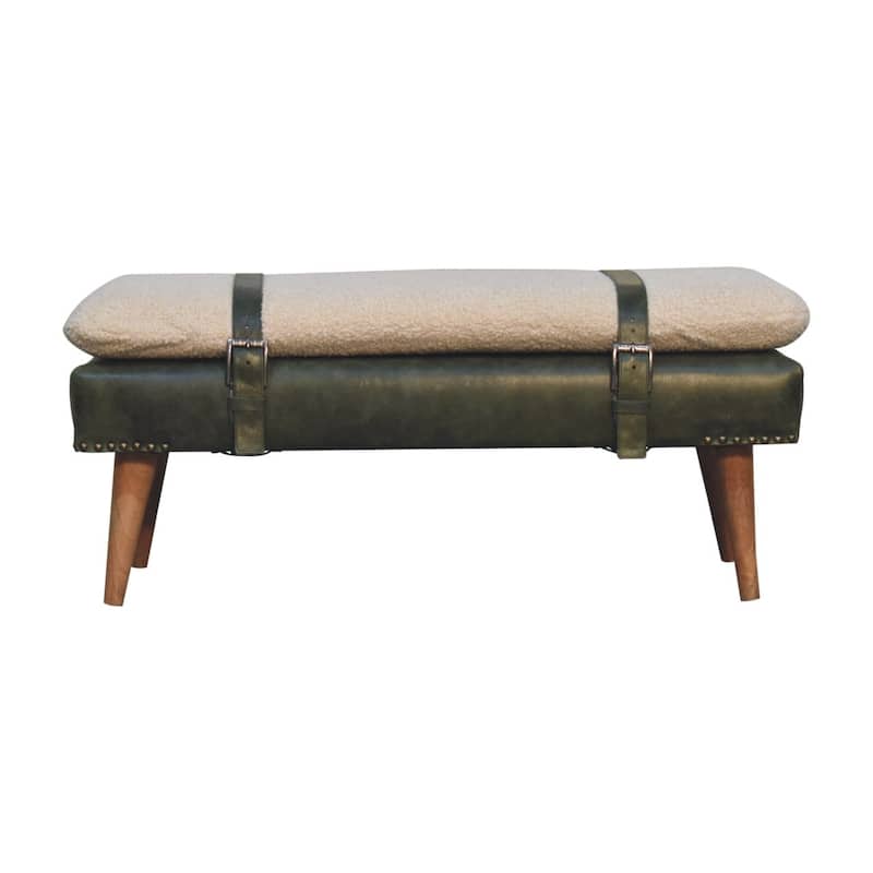 Artisan Furniture Solid Wood Bouclé Buffalo Hide Olive Green Leather Bench, Leather upholstery, Boucle