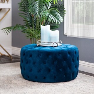 Abbyson Ella Blue Tufted Round Velvet Ottoman