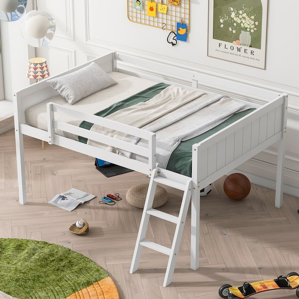 Wood Low Loft Bed with Ladder, Ladder Can Be Placed on the Left or Right