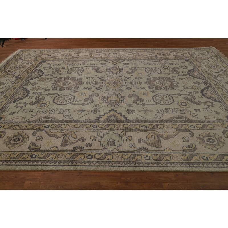 Green Floral Oushak Indian Area Rug Hand-Knotted Wool Carpet - 9'0" x 12'2"