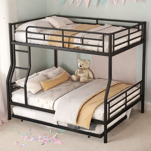 slide 2 of 13, Stylish Full XL Over Queen Metal Bunk Bed with Trundle, Space-Saving Maximize Your Space with Modern Elegance Triple Bunk Black