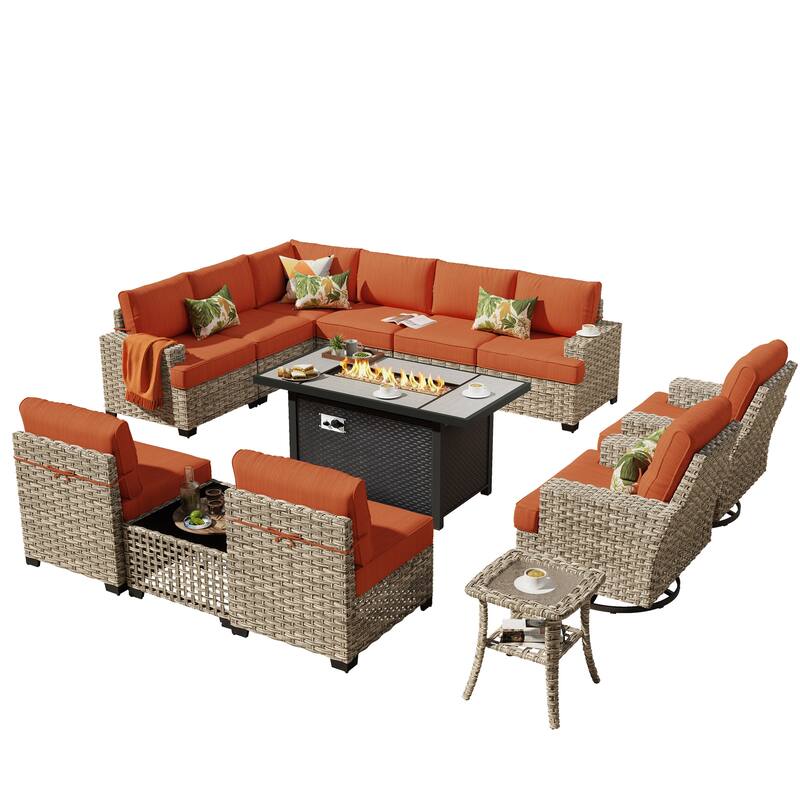 HOOOWOOO 13-piece Outdoor Wicker Furniture Swivel Chair Set with 54" Fire Pit Table