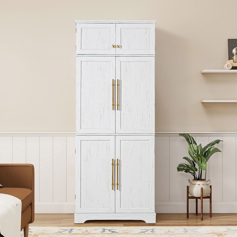 Farmhouse 78.2" Tall Kitchen Pantry Cabinet with Door Shelves, Adjustable Shelves and Hidden Drawer - White