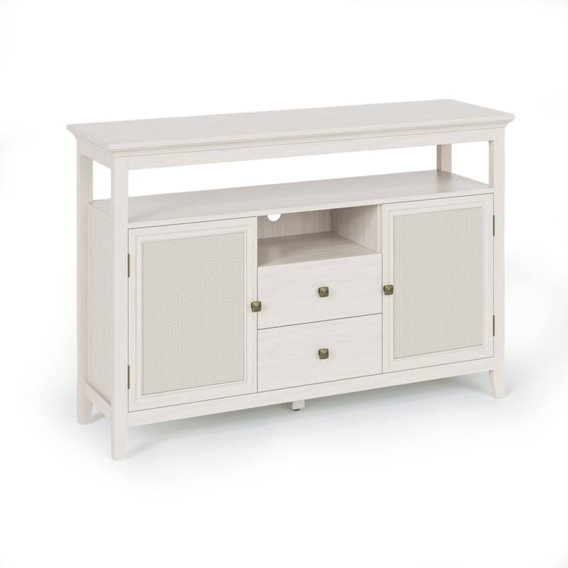 52.8" Rattan Sideboard, Boho Farmhouse Storage Cabinet with Adjustable Shelves, Accent Buffet Cabinet for Kitchen - White