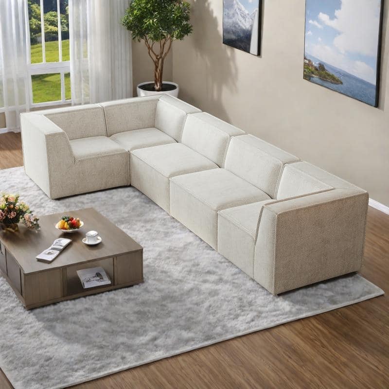 106"x106" Chenille Modular L-Shaped Sectional Sofa with 5-Piece Free Combination, Foam-Filled Cushions & No-Assembly Design - Beige
