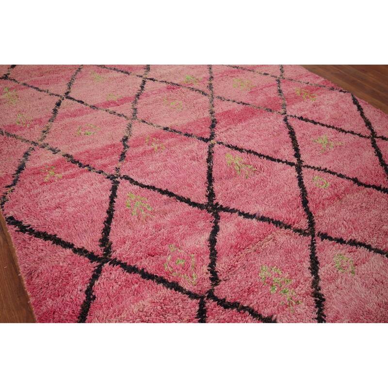 Pink Trellis Plush Moroccan Area Rug Handmade Wool Carpet - 5'3" x 8'10"