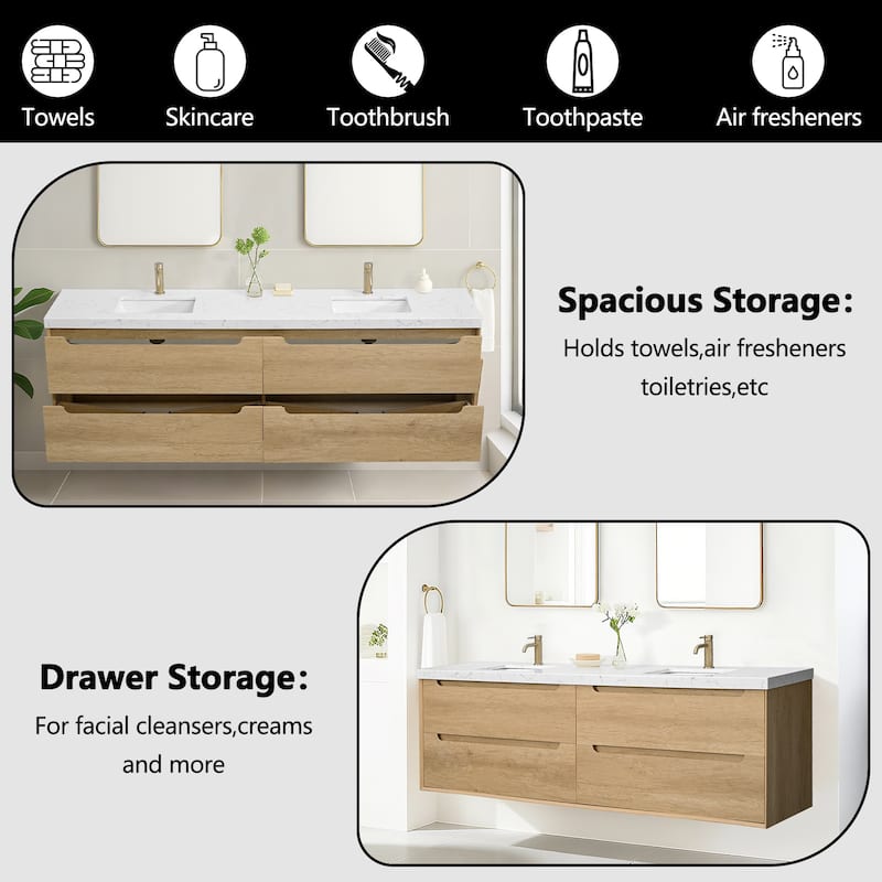 24"36"48"60"72"84" Floating Bathroom Vanity with Engineered Top Rectangulare Sink Solid Wood