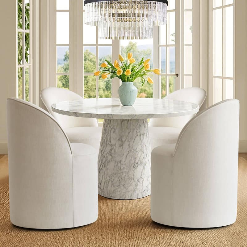Linen Rolling Upholstered Dining Chair with Wheels (Set of 4)