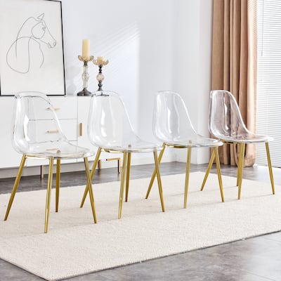 Roomfitters Transparent Armless Plastic Dining Chairs with Gold Metal Legs, Nordic Style Set of 4 for Home or Office, Golden