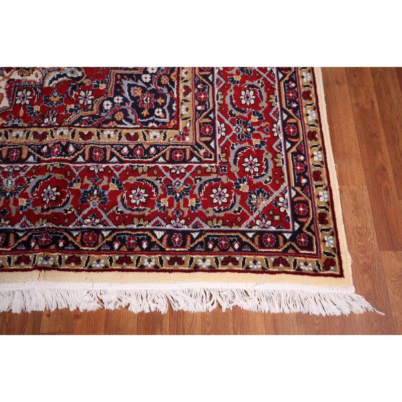 Ivory & Red Floral Kashan Turkish Area Rug Machine Made Carpet - 9'8" x 13'0"
