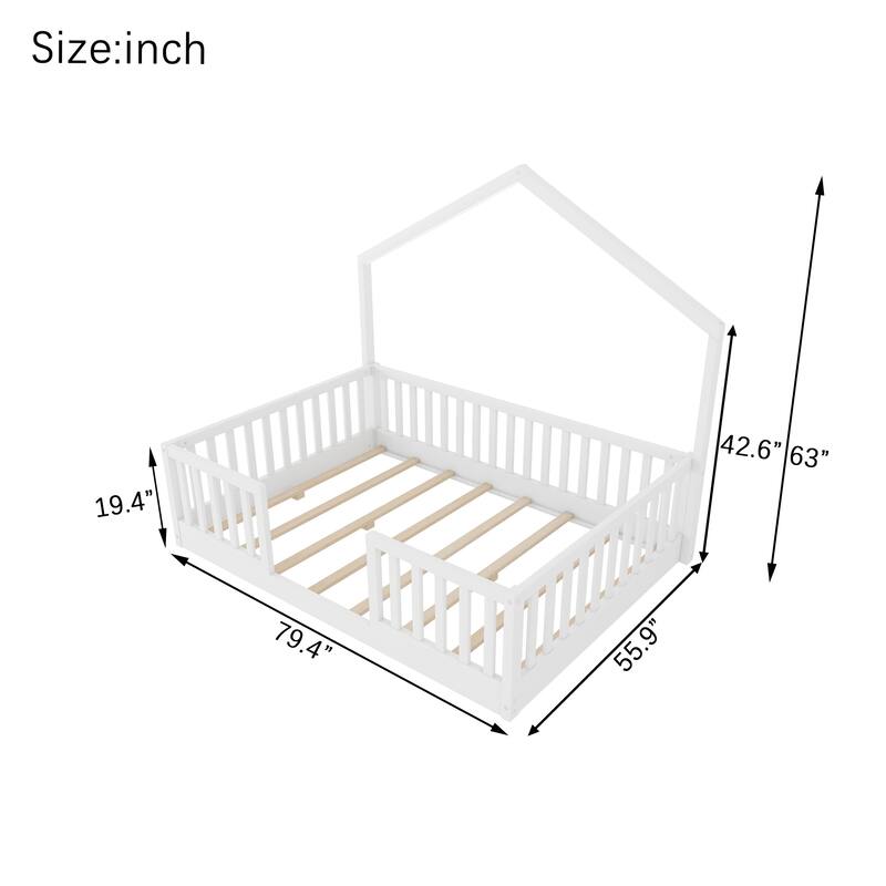 Roomfitters Twin/Full Floor Platform Bed, House Frame and LED Light with Wooden High Rails for Bedrooms or Guest Rooms