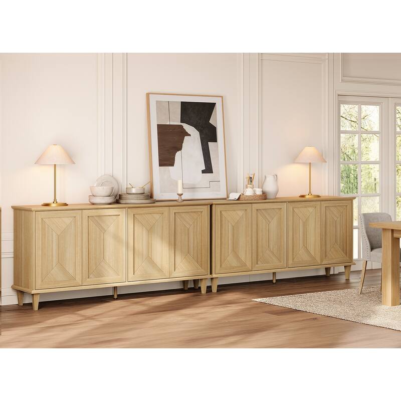 Large Buffet Cabinet with Handcrafted Pop-Up Doors for Dining Room - Natural Oak - 130 inches in width