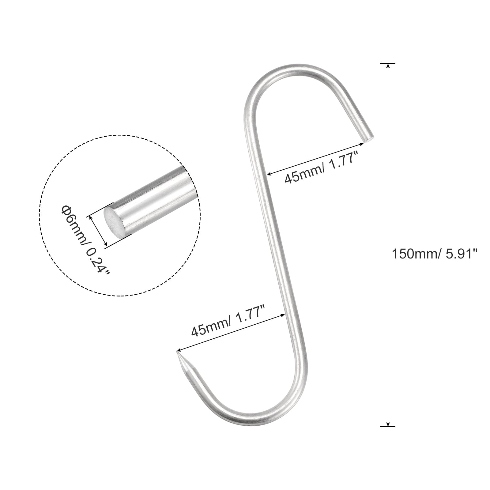 5.91 Meat Hooks, 0.24 Thick Stainless Steel S-Hook Meat